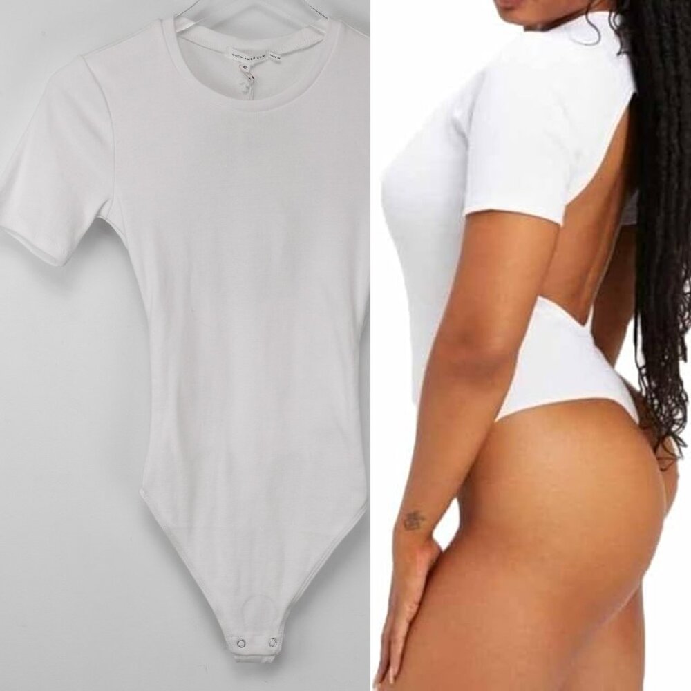 Good American Bodysuit Short Sleeve Ribbed Crew Neck Open Back White Size 0 XS